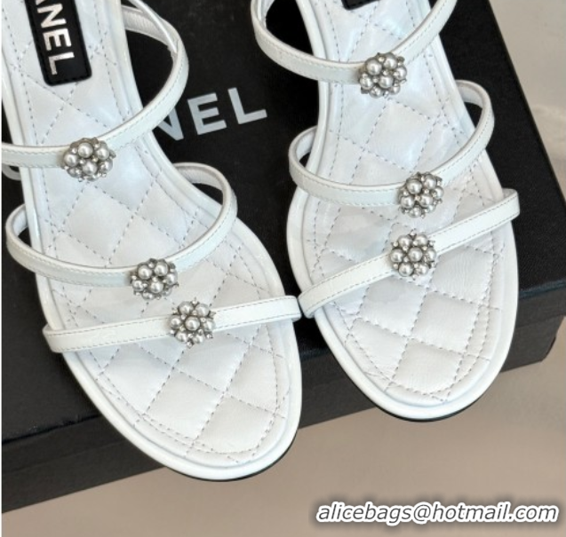 Best Price Chanel Calfskin Leather Heel Sandals with Pearl Bloom White 2025 CH061020