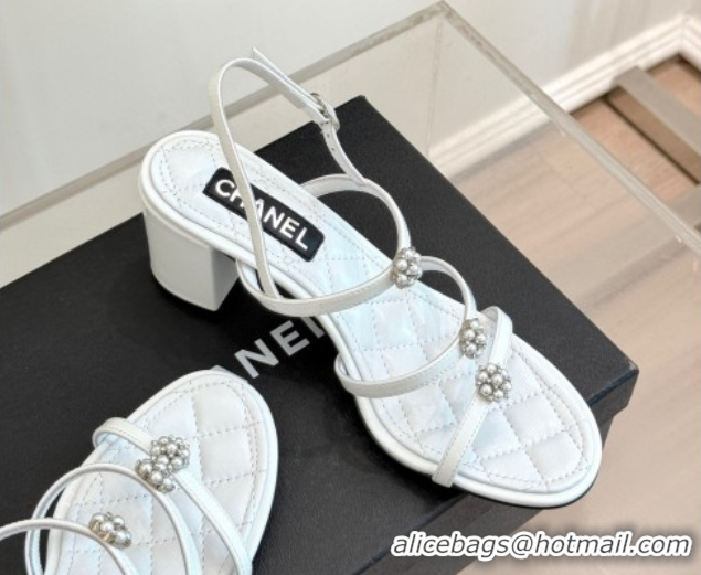Best Price Chanel Calfskin Leather Heel Sandals with Pearl Bloom White 2025 CH061020