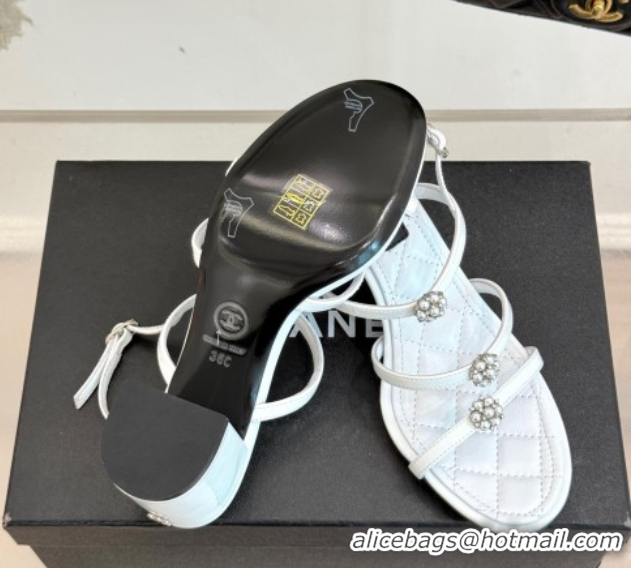 Best Price Chanel Calfskin Leather Heel Sandals with Pearl Bloom White 2025 CH061020