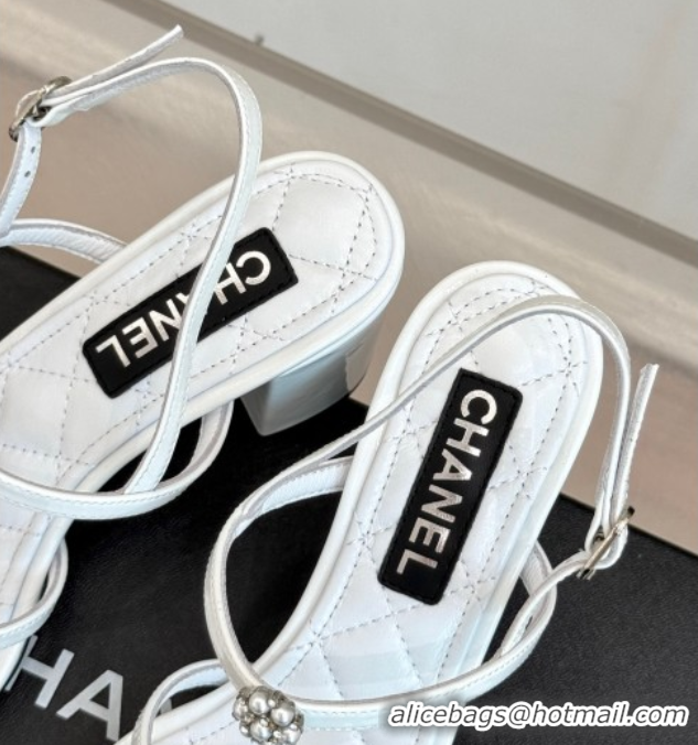 Best Price Chanel Calfskin Leather Heel Sandals with Pearl Bloom White 2025 CH061020