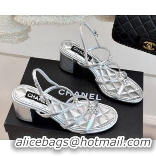 Good Quality Chanel Calfskin Leather Heel Sandals with Pearl Bloom Silver 2025 CH061020