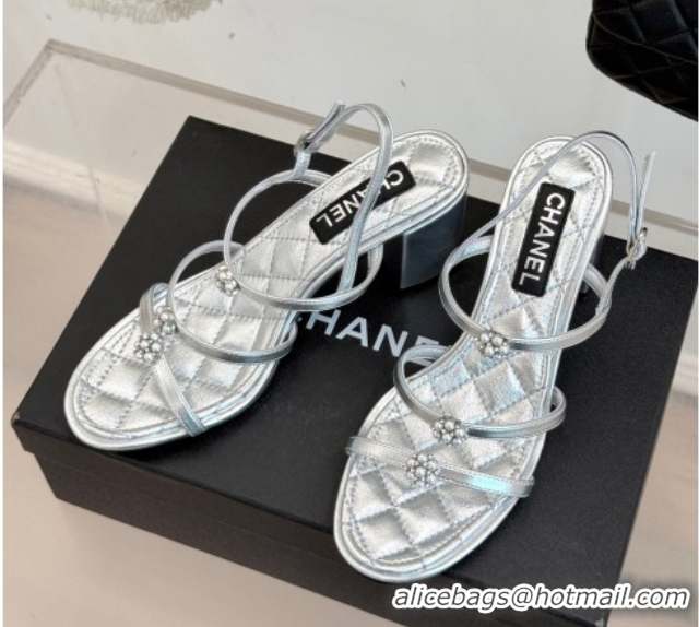 Good Quality Chanel Calfskin Leather Heel Sandals with Pearl Bloom Silver 2025 CH061020