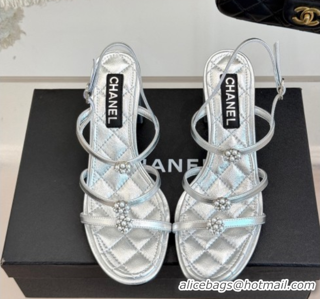 Good Quality Chanel Calfskin Leather Heel Sandals with Pearl Bloom Silver 2025 CH061020