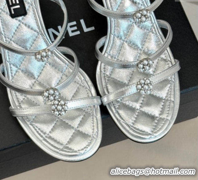 Good Quality Chanel Calfskin Leather Heel Sandals with Pearl Bloom Silver 2025 CH061020