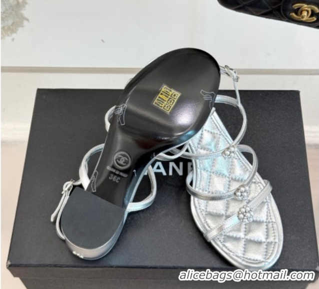Good Quality Chanel Calfskin Leather Heel Sandals with Pearl Bloom Silver 2025 CH061020