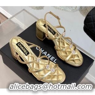 Pretty Style Chanel Calfskin Leather Heel Sandals with Pearl Bloom Gold 2025 CH061020