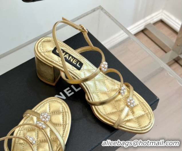 Pretty Style Chanel Calfskin Leather Heel Sandals with Pearl Bloom Gold 2025 CH061020