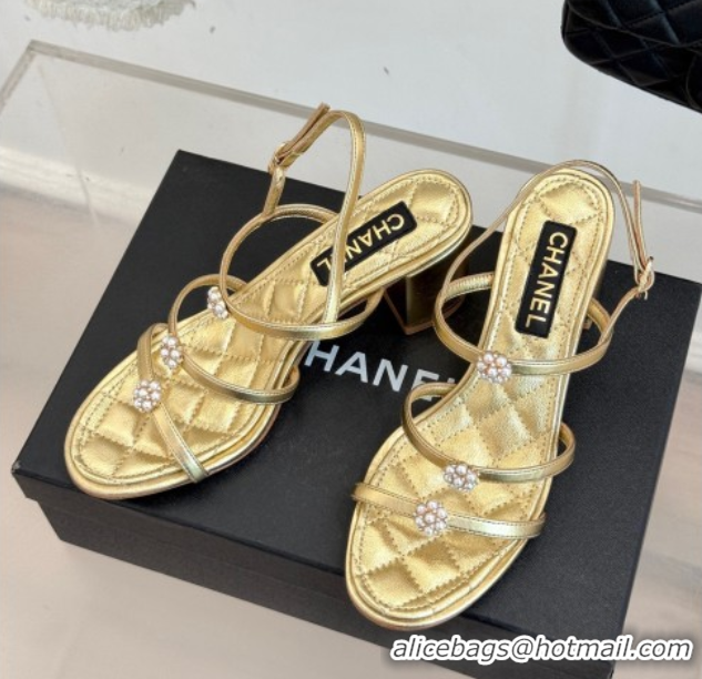 Pretty Style Chanel Calfskin Leather Heel Sandals with Pearl Bloom Gold 2025 CH061020