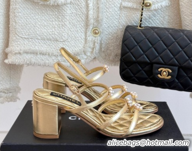 Pretty Style Chanel Calfskin Leather Heel Sandals with Pearl Bloom Gold 2025 CH061020