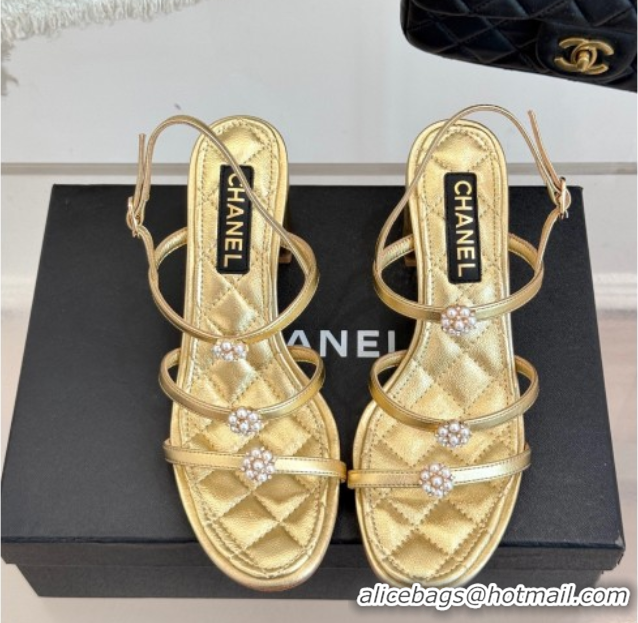Pretty Style Chanel Calfskin Leather Heel Sandals with Pearl Bloom Gold 2025 CH061020