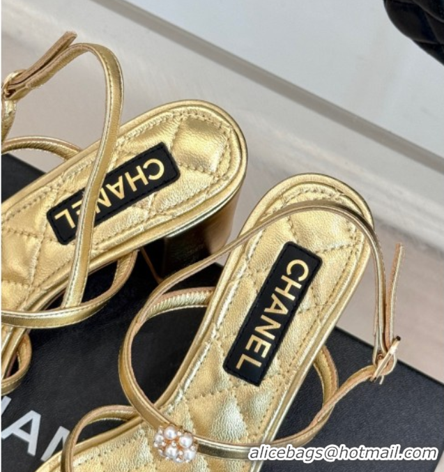 Pretty Style Chanel Calfskin Leather Heel Sandals with Pearl Bloom Gold 2025 CH061020