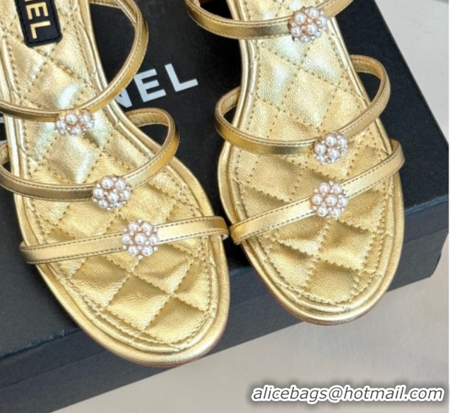 Pretty Style Chanel Calfskin Leather Heel Sandals with Pearl Bloom Gold 2025 CH061020