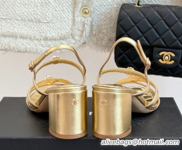 Pretty Style Chanel Calfskin Leather Heel Sandals with Pearl Bloom Gold 2025 CH061020