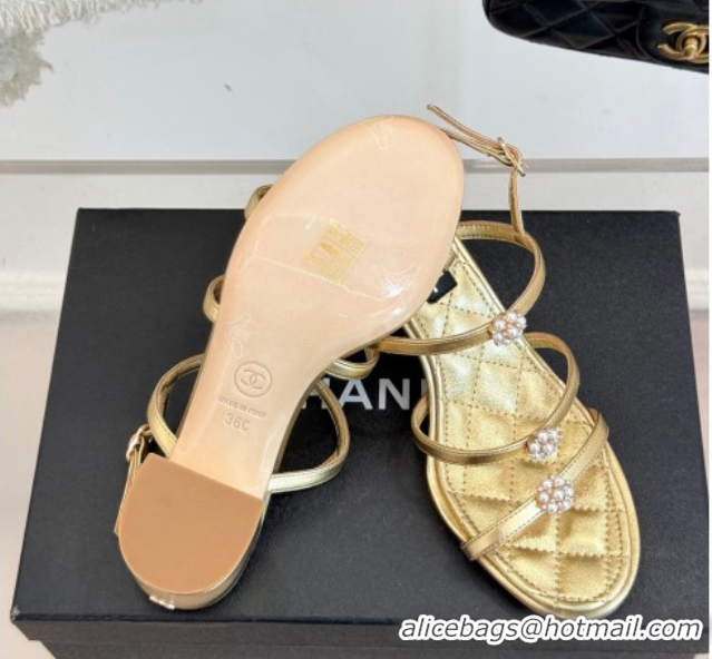 Pretty Style Chanel Calfskin Leather Heel Sandals with Pearl Bloom Gold 2025 CH061020