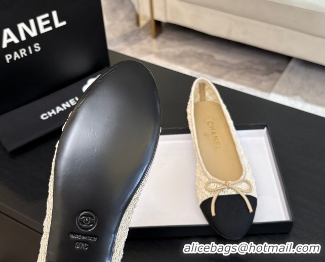 Buy New Cheap Chanel Embroidery & Grosgrain Ballet Flats Beige 2025 CH061021