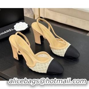 Classic Hot Chanel Embroidery & Grosgrain Slingback Pumps 9cm Beige 2025 G45509