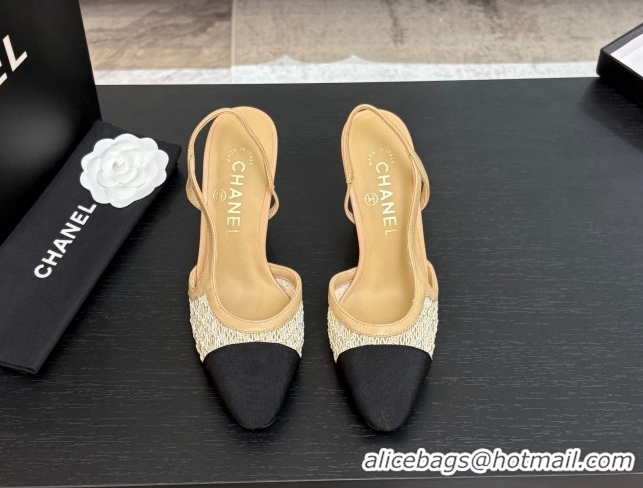 Classic Hot Chanel Embroidery & Grosgrain Slingback Pumps 9cm Beige 2025 G45509