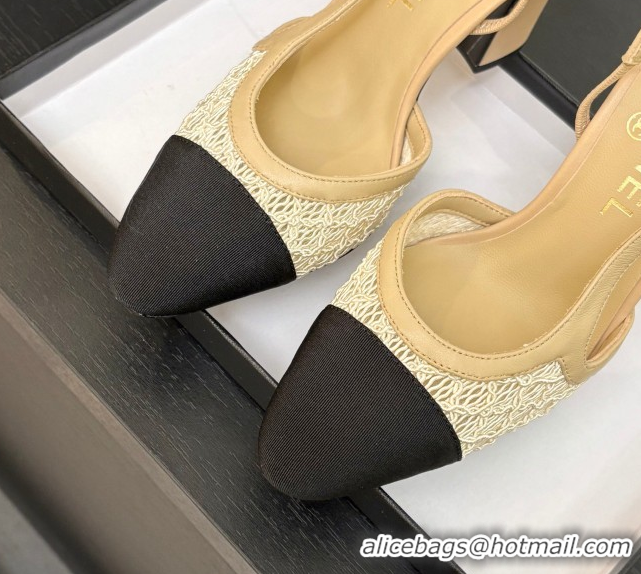 Classic Hot Chanel Embroidery & Grosgrain Slingback Pumps 9cm Beige 2025 G45509