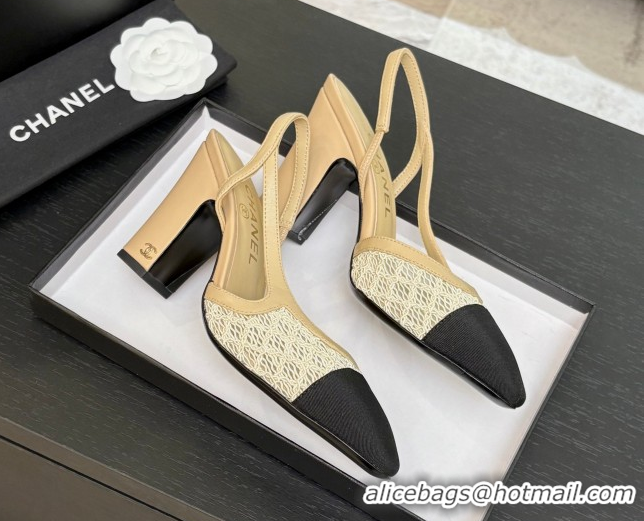 Classic Hot Chanel Embroidery & Grosgrain Slingback Pumps 9cm Beige 2025 G45509