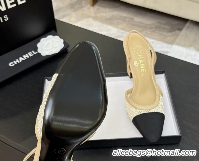 Classic Hot Chanel Embroidery & Grosgrain Slingback Pumps 9cm Beige 2025 G45509