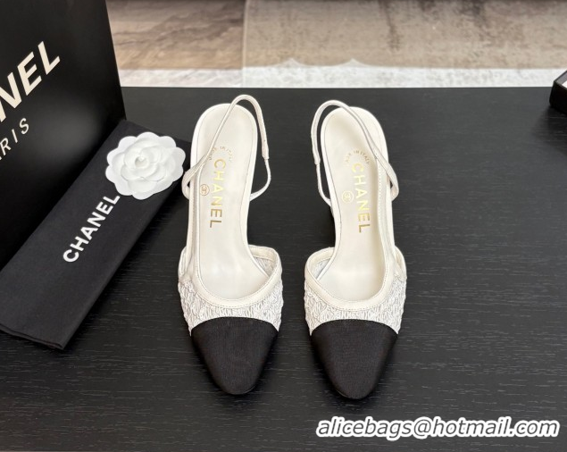 Shop Duplicate Chanel Embroidery & Grosgrain Slingback Pumps 9cm White 2025 G45509