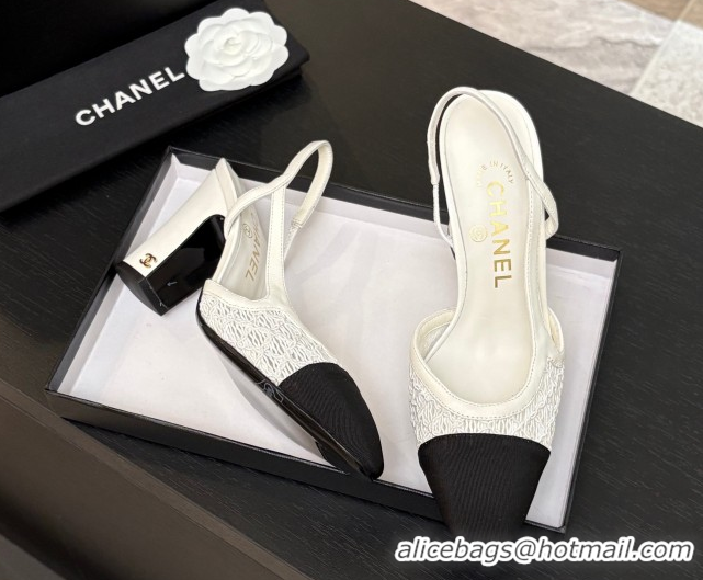 Shop Duplicate Chanel Embroidery & Grosgrain Slingback Pumps 9cm White 2025 G45509