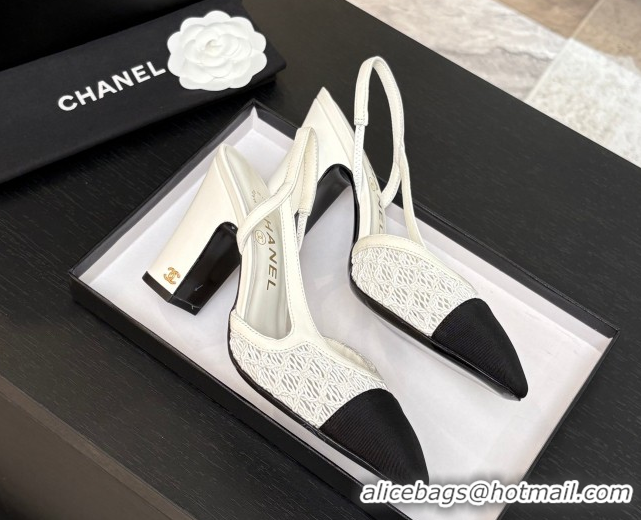 Shop Duplicate Chanel Embroidery & Grosgrain Slingback Pumps 9cm White 2025 G45509
