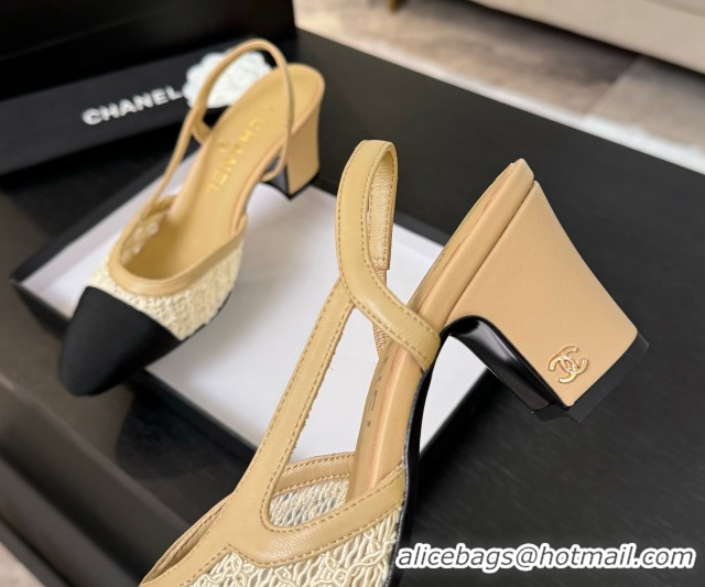 Charming Chanel Embroidery & Grosgrain Slingback Pumps 6cm Beige 2025 G31318