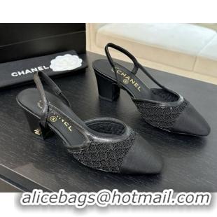 Hot Style Chanel Embroidery & Grosgrain Slingback Pumps 6cm Black 2025 G31318
