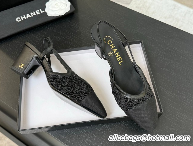 Hot Style Chanel Embroidery & Grosgrain Slingback Pumps 6cm Black 2025 G31318