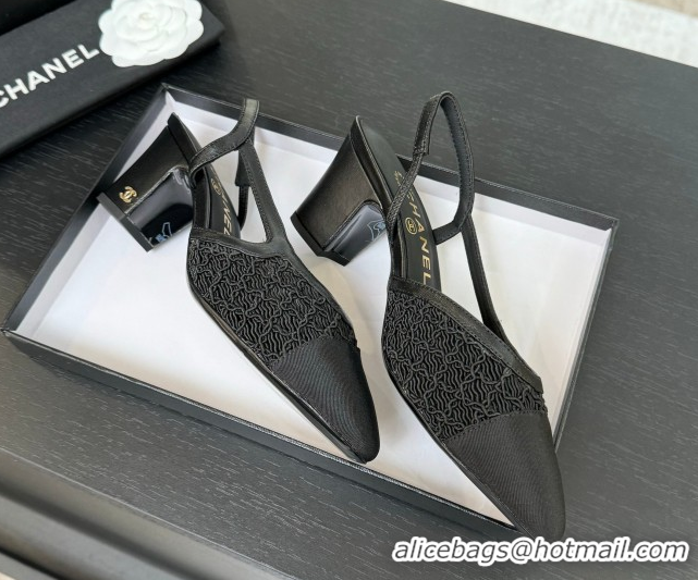 Hot Style Chanel Embroidery & Grosgrain Slingback Pumps 6cm Black 2025 G31318