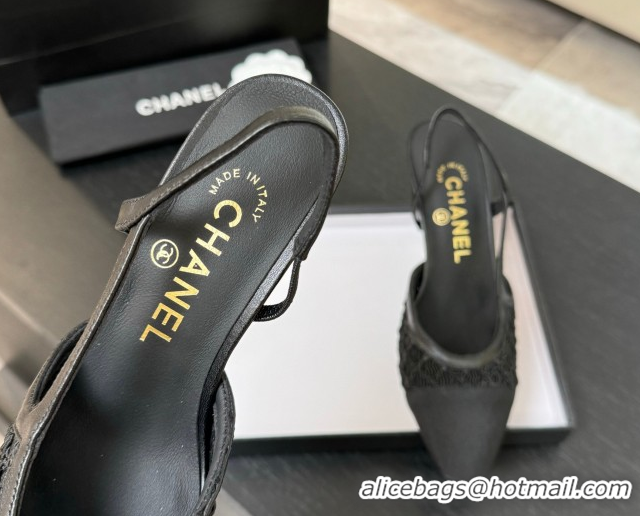 Hot Style Chanel Embroidery & Grosgrain Slingback Pumps 6cm Black 2025 G31318