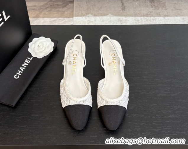 Sumptuous Chanel Embroidery & Grosgrain Slingback Pumps 6cm White 2025 G31318