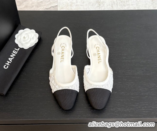 Cheap Chanel Embroidery & Grosgrain Slingbacks Flat White 2025 G31319