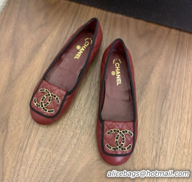 Cheap Price Chanel Quilted Lambskin Loafers with Chain CC Foldover Dark Burgundy 2025 CH061023
