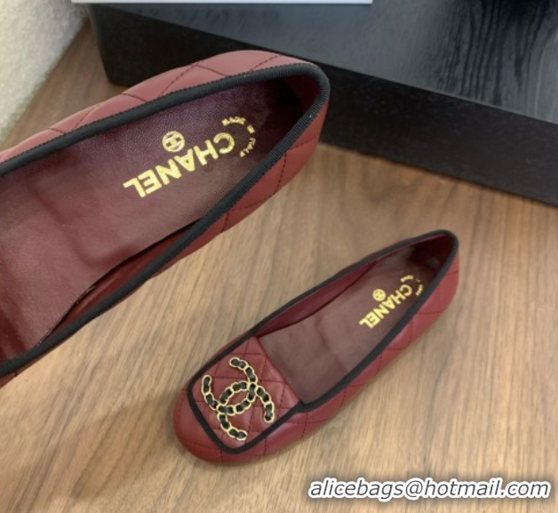 Cheap Price Chanel Quilted Lambskin Loafers with Chain CC Foldover Dark Burgundy 2025 CH061023