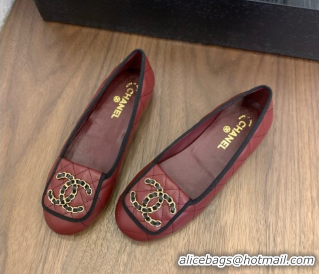 Cheap Price Chanel Quilted Lambskin Loafers with Chain CC Foldover Dark Burgundy 2025 CH061023