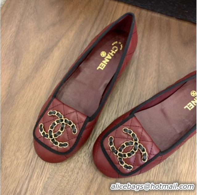 Cheap Price Chanel Quilted Lambskin Loafers with Chain CC Foldover Dark Burgundy 2025 CH061023