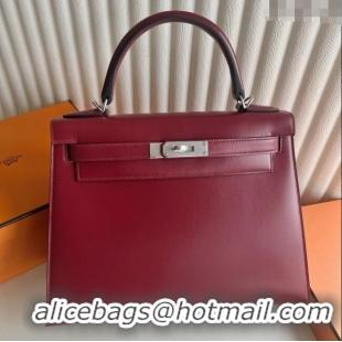 Famous Brand Hermes Kelly Sellier 25/28cm Bag in Original Box Leather CK55 Red/Silver 2025 (Full Handmade)