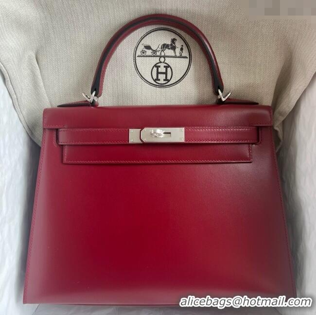 Famous Brand Hermes Kelly Sellier 25/28cm Bag in Original Box Leather CK55 Red/Silver 2025 (Full Handmade)