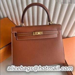 Low Cost Hermes Kelly Sellier 25/28cm Bag in Original Barenia Leather HK55 Brown/Gold 2025 (Full Handmade)