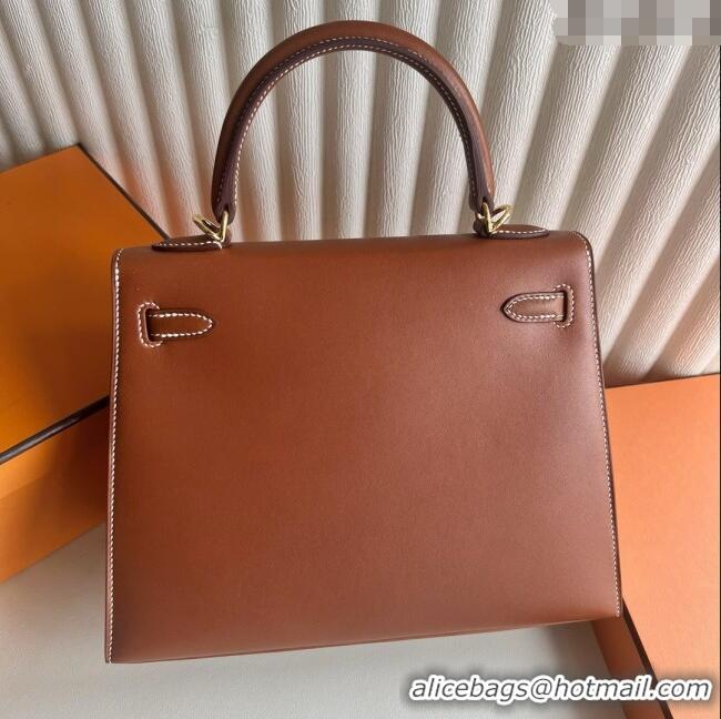 Low Cost Hermes Kelly Sellier 25/28cm Bag in Original Barenia Leather HK55 Brown/Gold 2025 (Full Handmade)