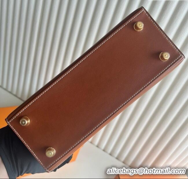 Low Cost Hermes Kelly Sellier 25/28cm Bag in Original Barenia Leather HK55 Brown/Gold 2025 (Full Handmade)