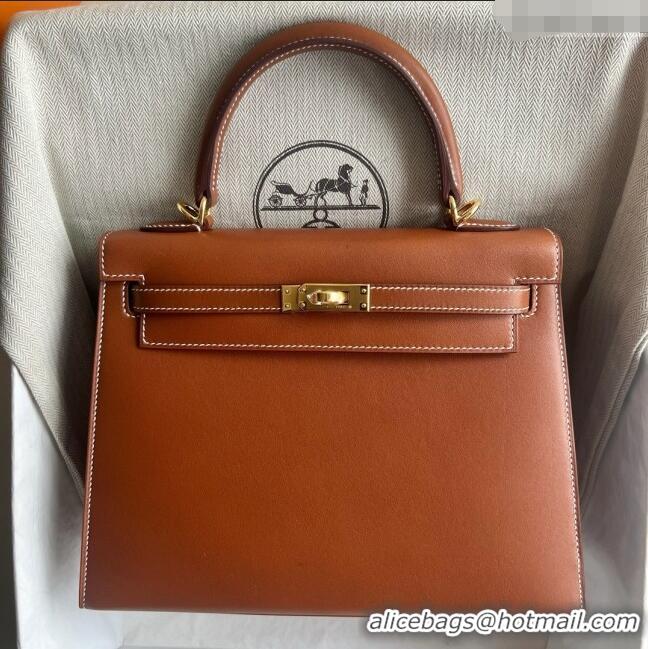 Low Cost Hermes Kelly Sellier 25/28cm Bag in Original Barenia Leather HK55 Brown/Gold 2025 (Full Handmade)
