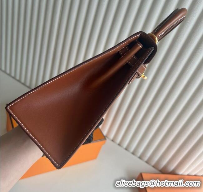 Low Cost Hermes Kelly Sellier 25/28cm Bag in Original Barenia Leather HK55 Brown/Gold 2025 (Full Handmade)