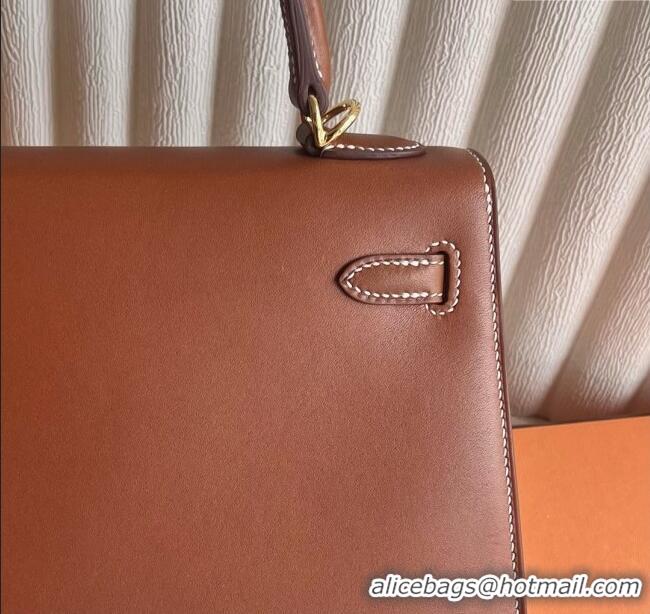 Low Cost Hermes Kelly Sellier 25/28cm Bag in Original Barenia Leather HK55 Brown/Gold 2025 (Full Handmade)
