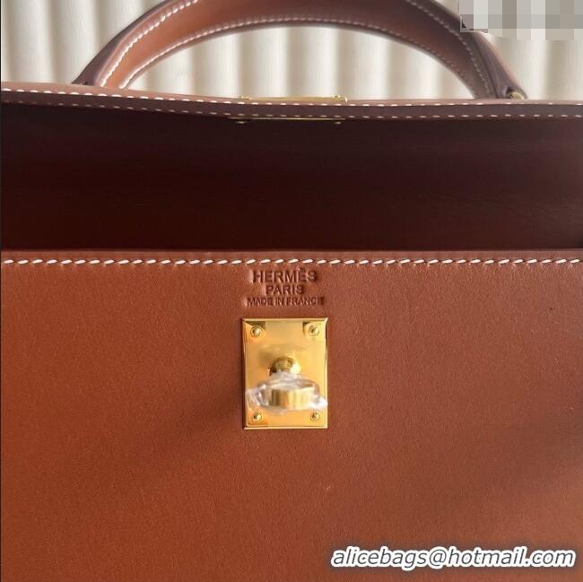 Low Cost Hermes Kelly Sellier 25/28cm Bag in Original Barenia Leather HK55 Brown/Gold 2025 (Full Handmade)