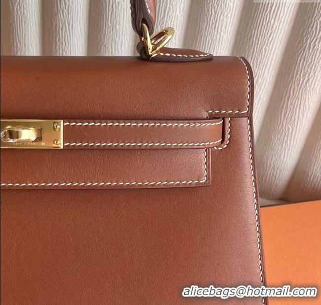 Low Cost Hermes Kelly Sellier 25/28cm Bag in Original Barenia Leather HK55 Brown/Gold 2025 (Full Handmade)