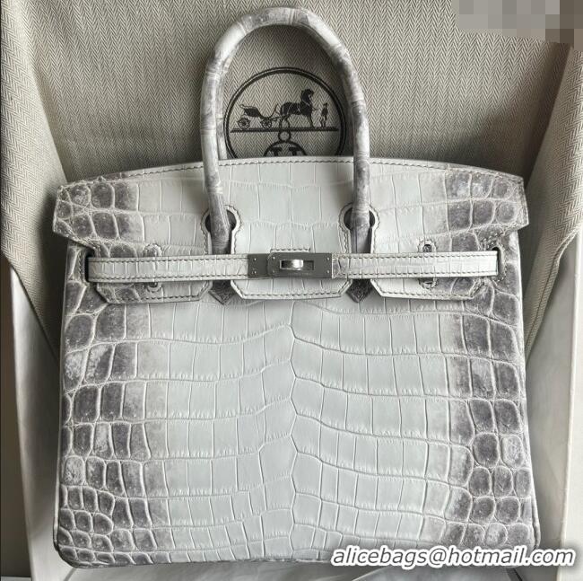 Unique Grade Hermes Himalayan Birkin 25 Bag in Original Crocodile Leather HB25 White/Silver 2025 (Full Handmade)