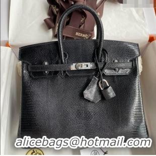 Top Quality Hermes Birkin 25 Bag in Shiny Varanus Niloticus Lizard Leather HB25 Black/Silver 2025 (Full Handmade)